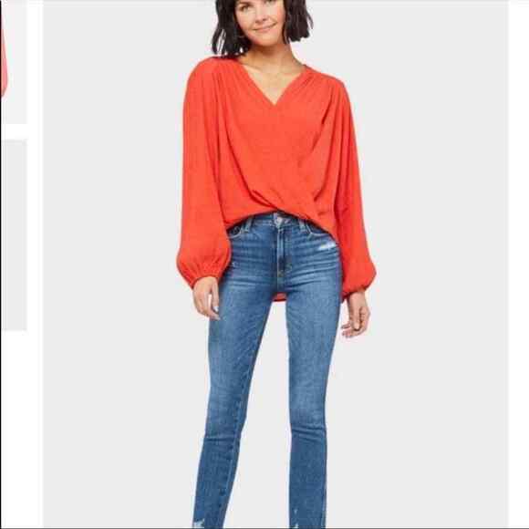 Free People Long Sleeve v neck We the people Boho Pink Coral Wrap Blouse XS - Picture 5 of 6